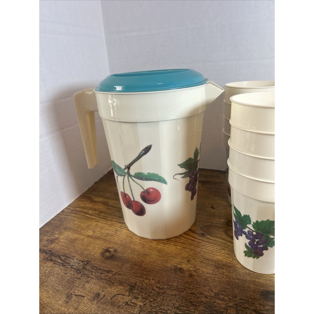 Vintage Packerware Fruit 1/2 Gallon Pitcher & 21 Matching Cups USA Retro Set - Picture 5 of 16